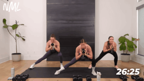 three women performing a lateral squat as part of full body workout at home
