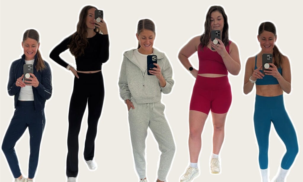 lululemon sets including wunder train bra and leggings, scuba joggers and half zip sweatshirt, navy track suit, and align biker shorts and align tank top