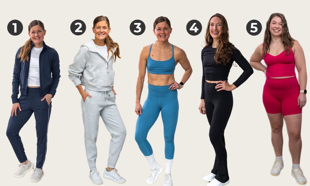 five lululemon sets in a collage image