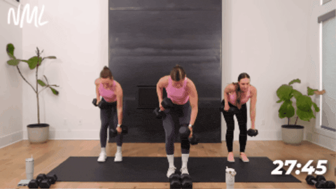 women performing a series of alternating back rows as part of full body workout at home