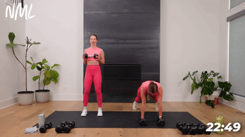 woman performing a push up back row and woman performing a modified dumbbell press out and row in a full body workout