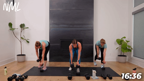 three women performing dumbbell single arm back rows in a strength building workout