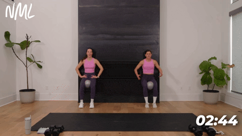 two women performing a wall sit with a pilates ball as part of the best exercises to target the inner thighs