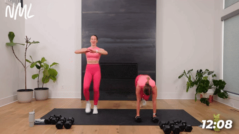 woman performing mountain climbers and woman performing modified high knees in a full body workout