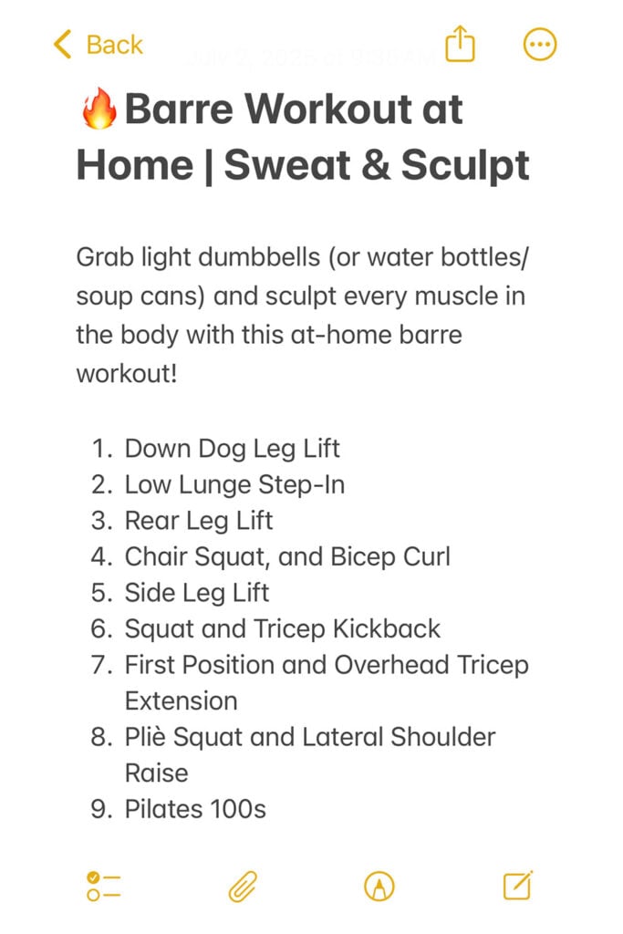 Notes app screenshot of barre workout outline