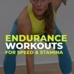 woman performing dumbbell snatch as part of endurance workout