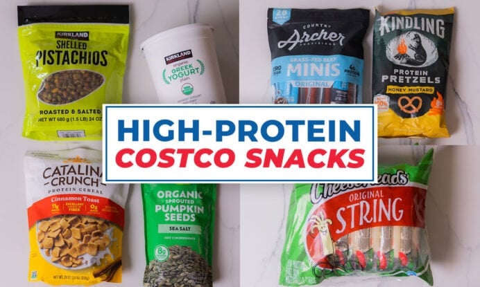 High protein costco snacks including pistachios, beef sticks, greek yogurt, pumpkin seeds, protein cereal, string cheese, kindling pretzels.
