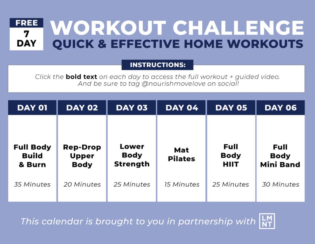 Calendar showing week of workouts under 35 minutes