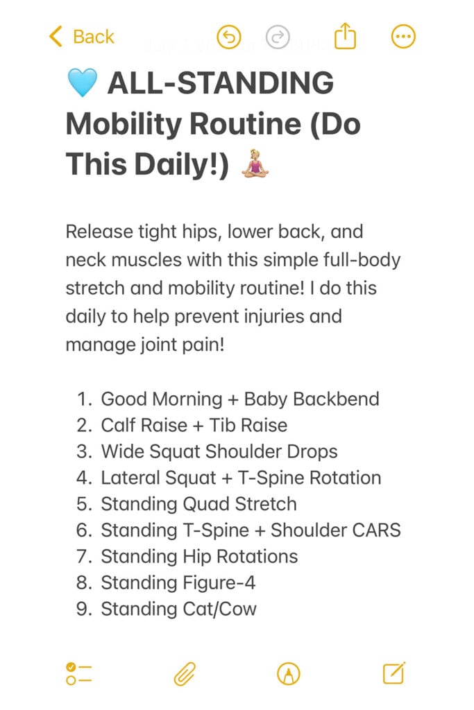 Notes app screenshot of active recovery workout routine