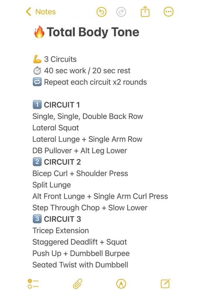 Screenshot of notes app full body workout at-home