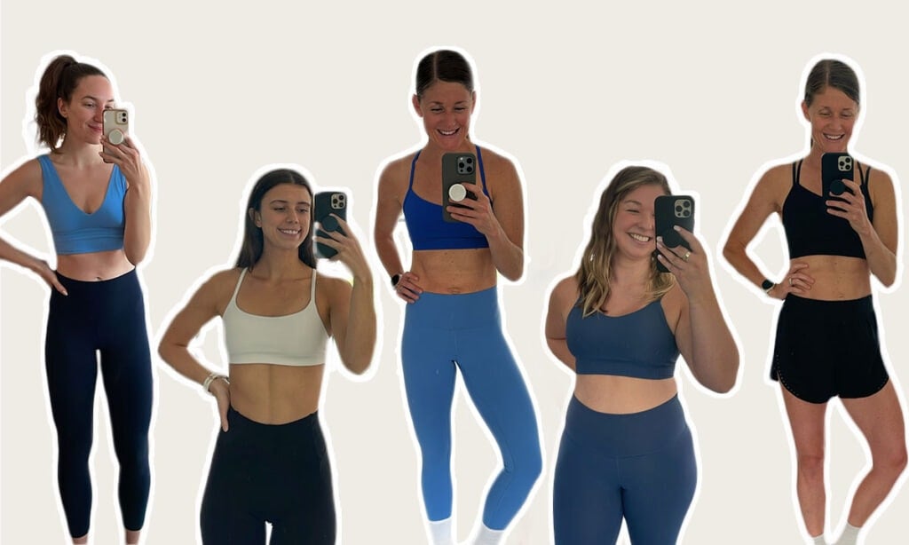 lululemon sports bras including align bra, wunder train strappy bra, flow Y bra, longline like a cloud bra and energy bra.