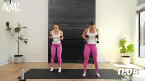 women demonstrating squat and tricep kickback as part of barre workout at home