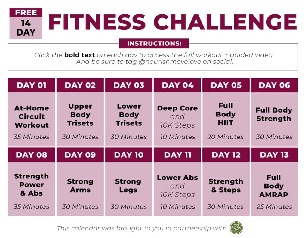 2 week calendar of a fitness challenge to build strength