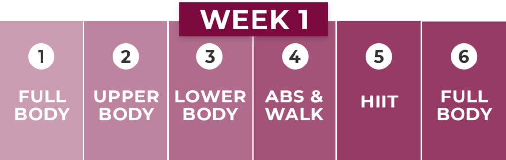 week 1 calendar graphic of 2 week workout challenge