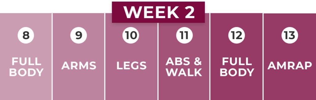 week 2 calendar graphic of 2 week workout challenge