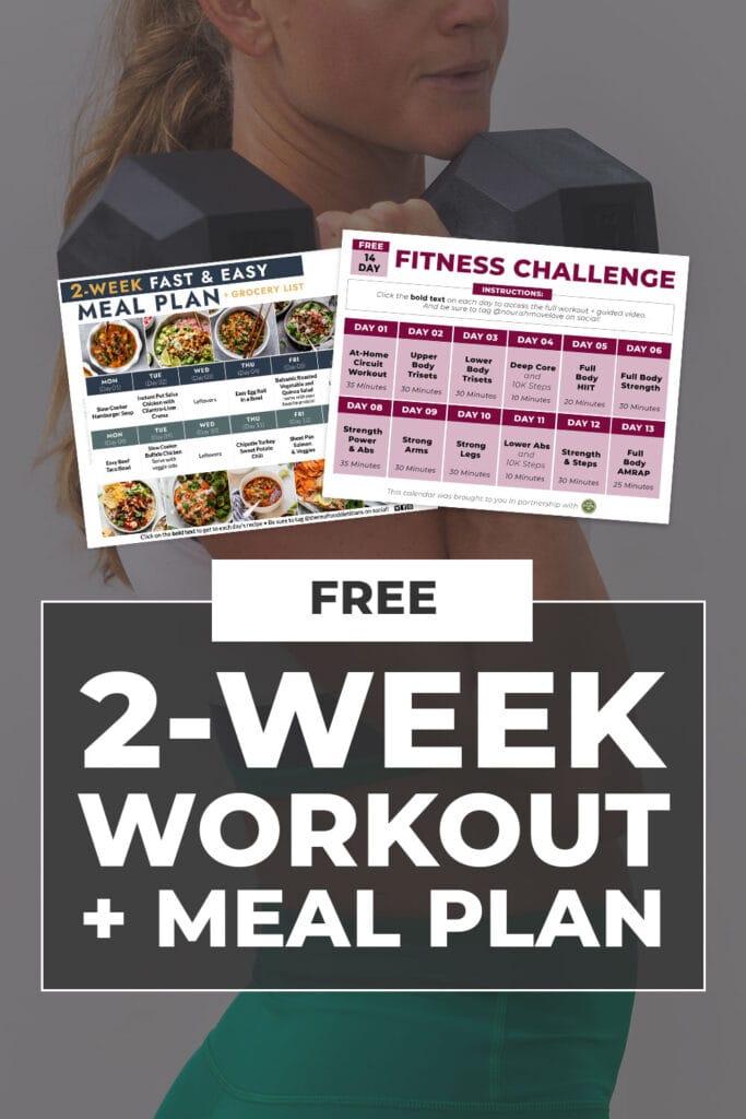 image of 2 week exercise and meal plan as part of a home workout plan and high protein meal plan challenge