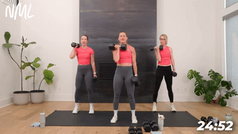 three women demonstrating how to do a dumbbell uneven squat in a full body circuit workout