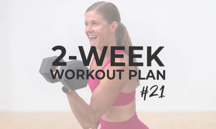 woman flexing with a dumbbell in a feature image for a 2 week workout plan