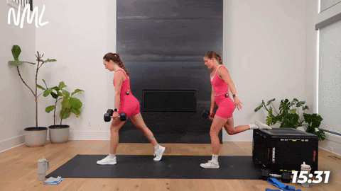 one woman demonstrating bulgarian split lunges and one woman performing split lunges from the ground in an at home glute workout