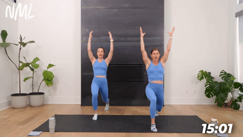two women demonstrating a pulsing low lunge and hinge in a pilates workout