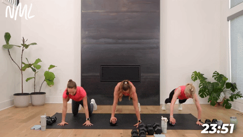 three women demonstrating how to do a push up and shoulder tap in a full body circuit workout