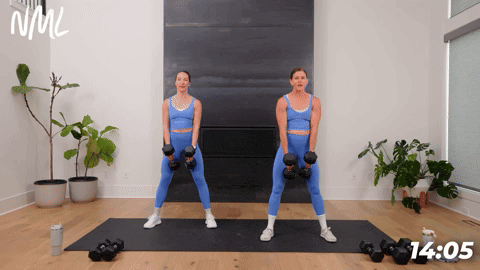 two women performing wide squats with dumbbells in a 20 minute workout at home