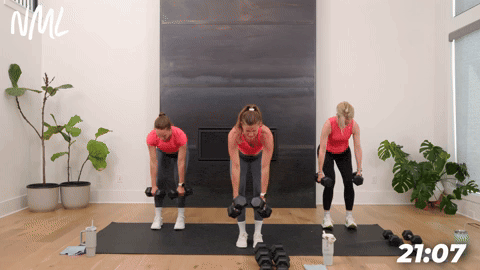 three women demonstrating how to do dumbbell back rows and bicep curls in a full body circuit workout