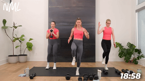 two women demonstrating how to do a single leg deadlift and reach across and one woman demonstrating a goblet march modification in a full body circuit workout