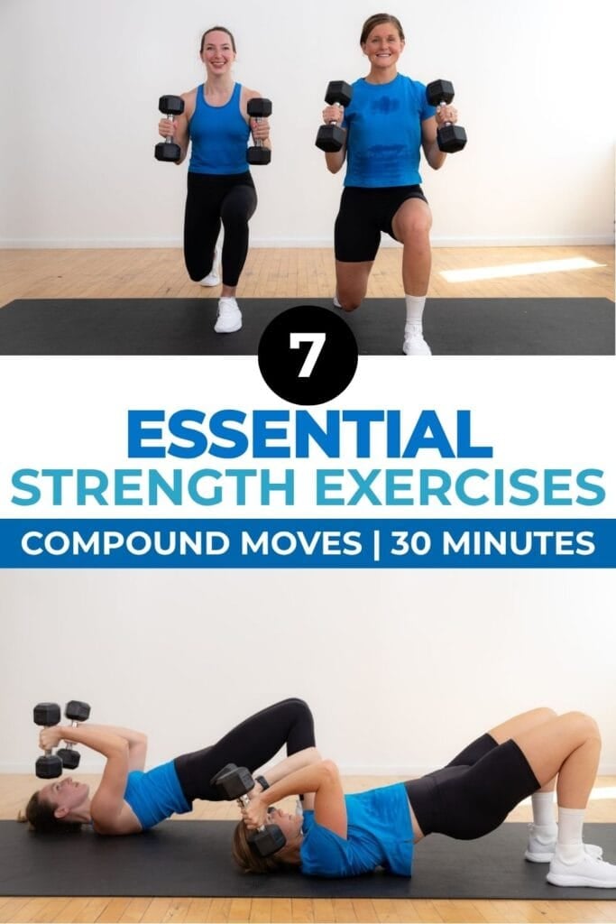 women performing a lunge hold and glute bridge skull crusher as part of the best strength training exercises for women