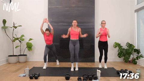 three women demonstrating how to do bounds and lunge drops in a full body circuit workout