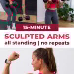 standing woman performing 4 exercises to tone arms