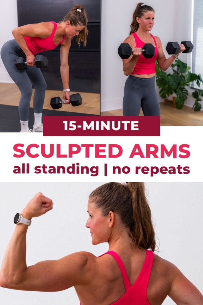 standing woman performing 4 exercises to tone arms