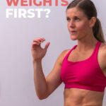 woman running with overlay asking whether cardio or weights are more beneficial to perform first