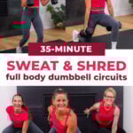 three women performing dumbbell exercises as part of full body circuit workout at home