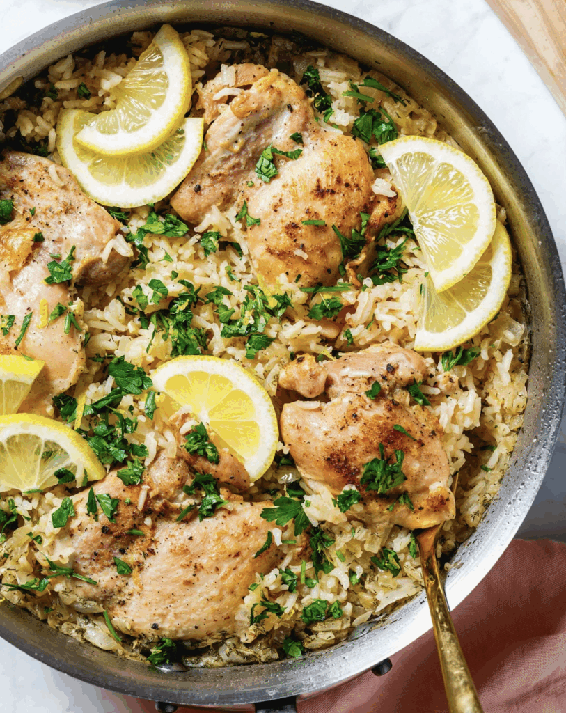 One Pot Chicken and Rice as part of a high protein dinner recipe post. 