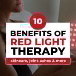 Woman sitting in front of at-home red light therapy device to get joint benefits