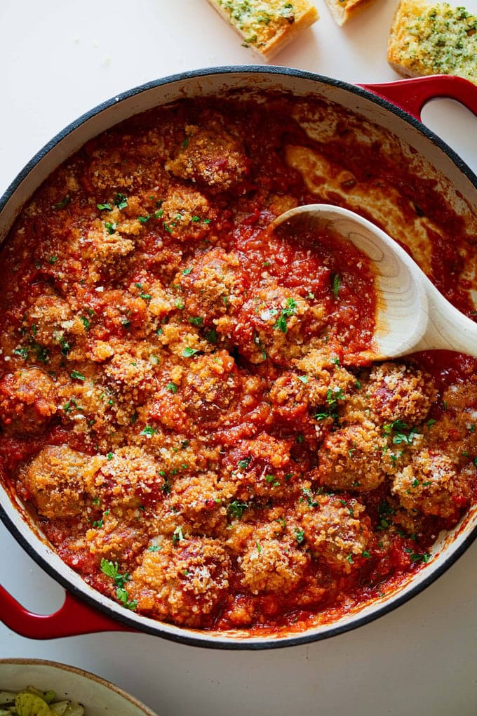 Ricotta Meatballs with homemade red sauce as part of high protein dinner recipes