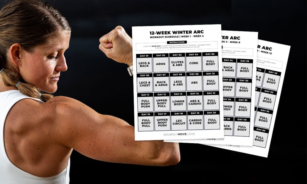 Woman flexing with 3 calendar overlays showing 12-week winter arc challenge