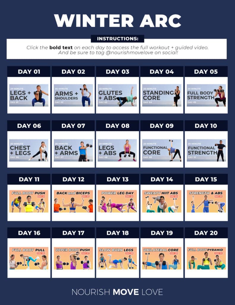 calendar with 12 weeks of winter arc workouts