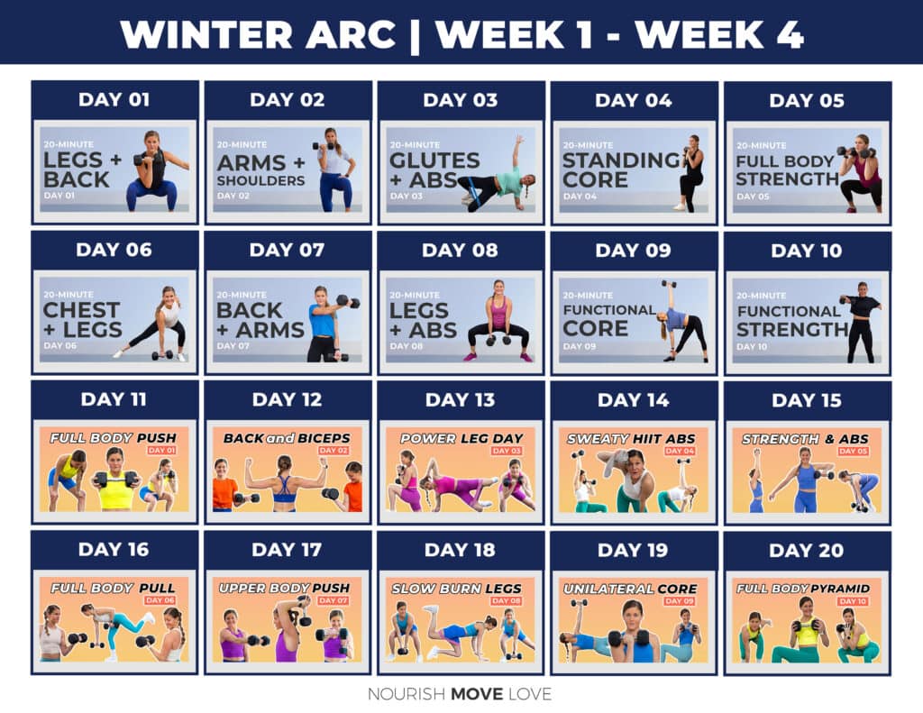Calendar showing first four weeks of winter arc workout challenge