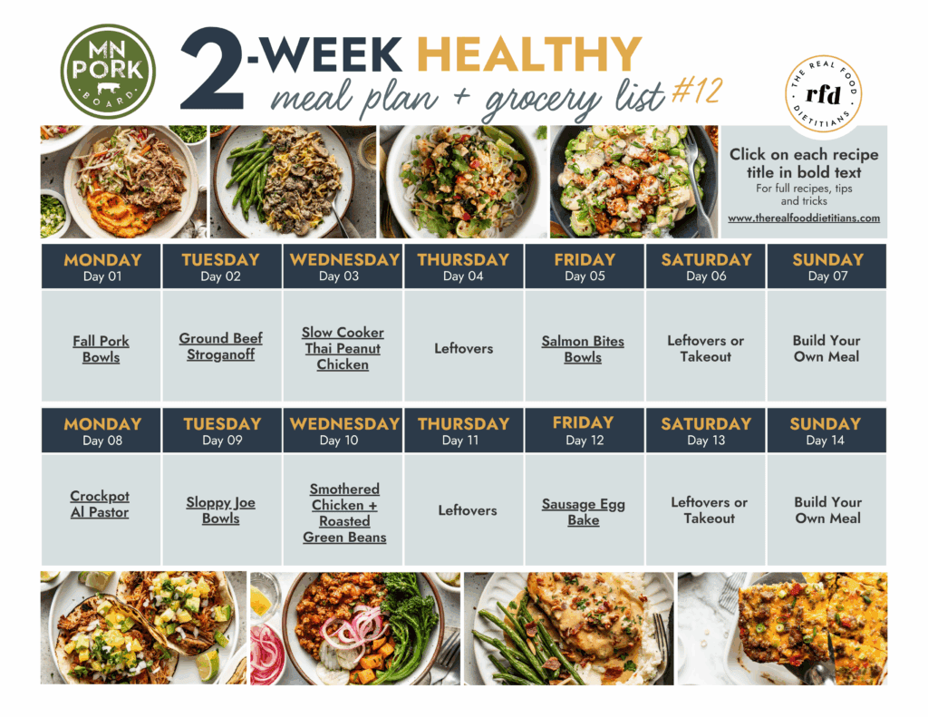 2 week calendar of a healthy meal plan to support protein and nutrition goals