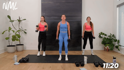 three women performing a bicep curl and overhead press in a 20 minute strength workout