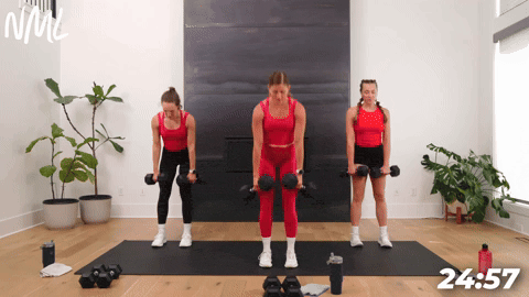 three women demonstrating how to perform a dumbbell deadlift to alternating reverse lunge in an at home circuit workout