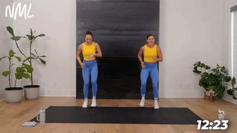 two women demonstrating mat runs in a bodyweight cardio workout