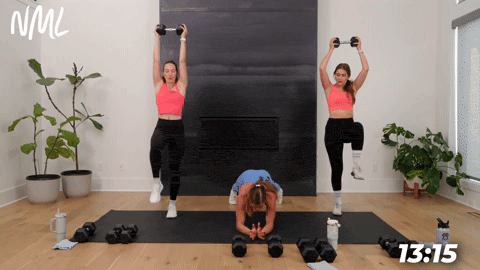 woman demonstrating plank and arm extensions and two women demonstrating a standing modification in a strength workout