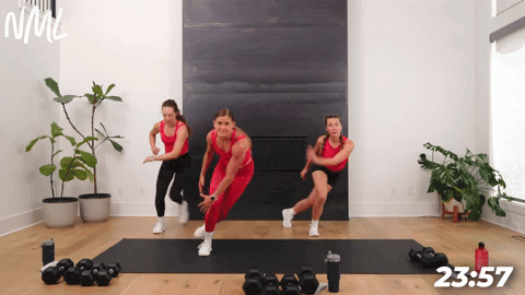 three women demonstrating how to perform bodyweight skaters in an at home circuit workout