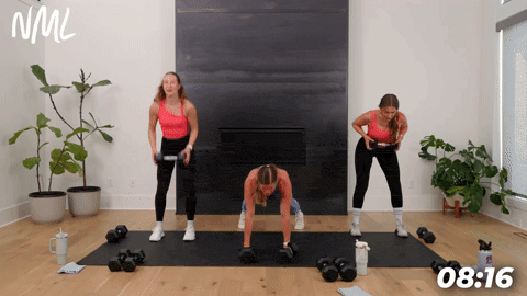 woman performing a push up row and two women demonstrating a standing modification in a 20 minute strength workout