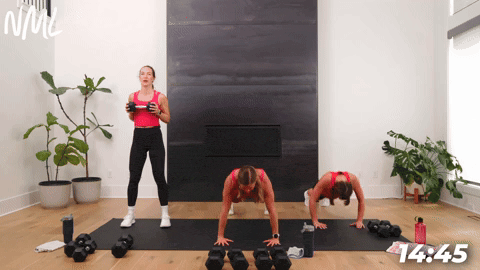 two women demonstrating how to perform a push up to mountain climbers and one woman performing dumbbell push outs and marches in an at home circuit workout
