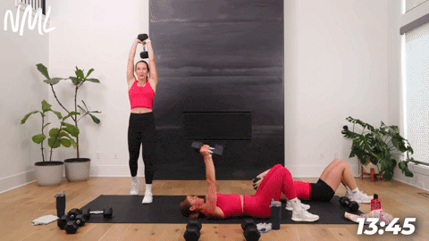 two women demonstrating how to perform skull crushers and one woman performing overhead triceps in an at home circuit workout