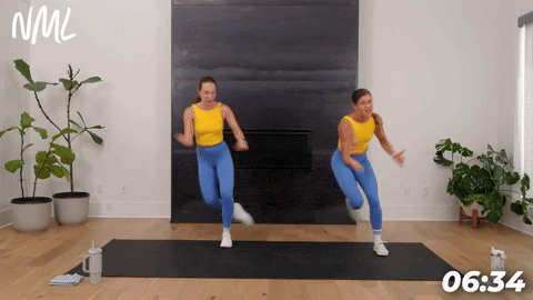 two women demonstrating skaters in a bodyweight cardio workout